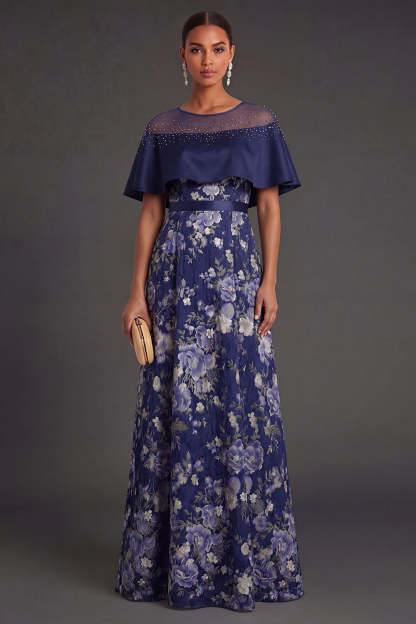Leely Women A Line Floral Navy Long Formal Dress Illusion Neck Sleeveless Wedding Guest Dress