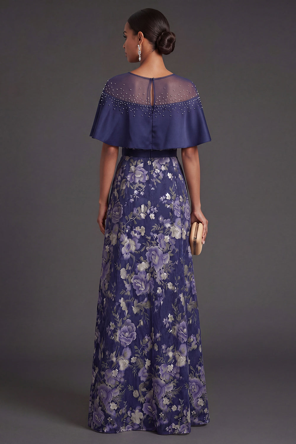 A Line Floral Navy Illusion Neck Long Formal Dress