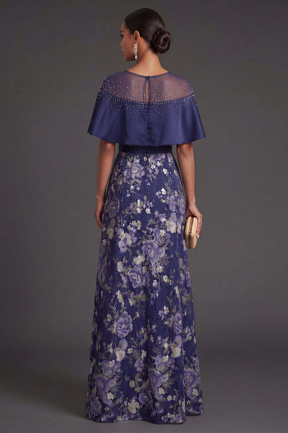 A Line Floral Navy Illusion Neck Long Formal Dress