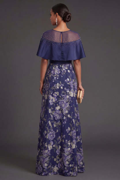 A Line Floral Navy Illusion Neck Long Formal Dress