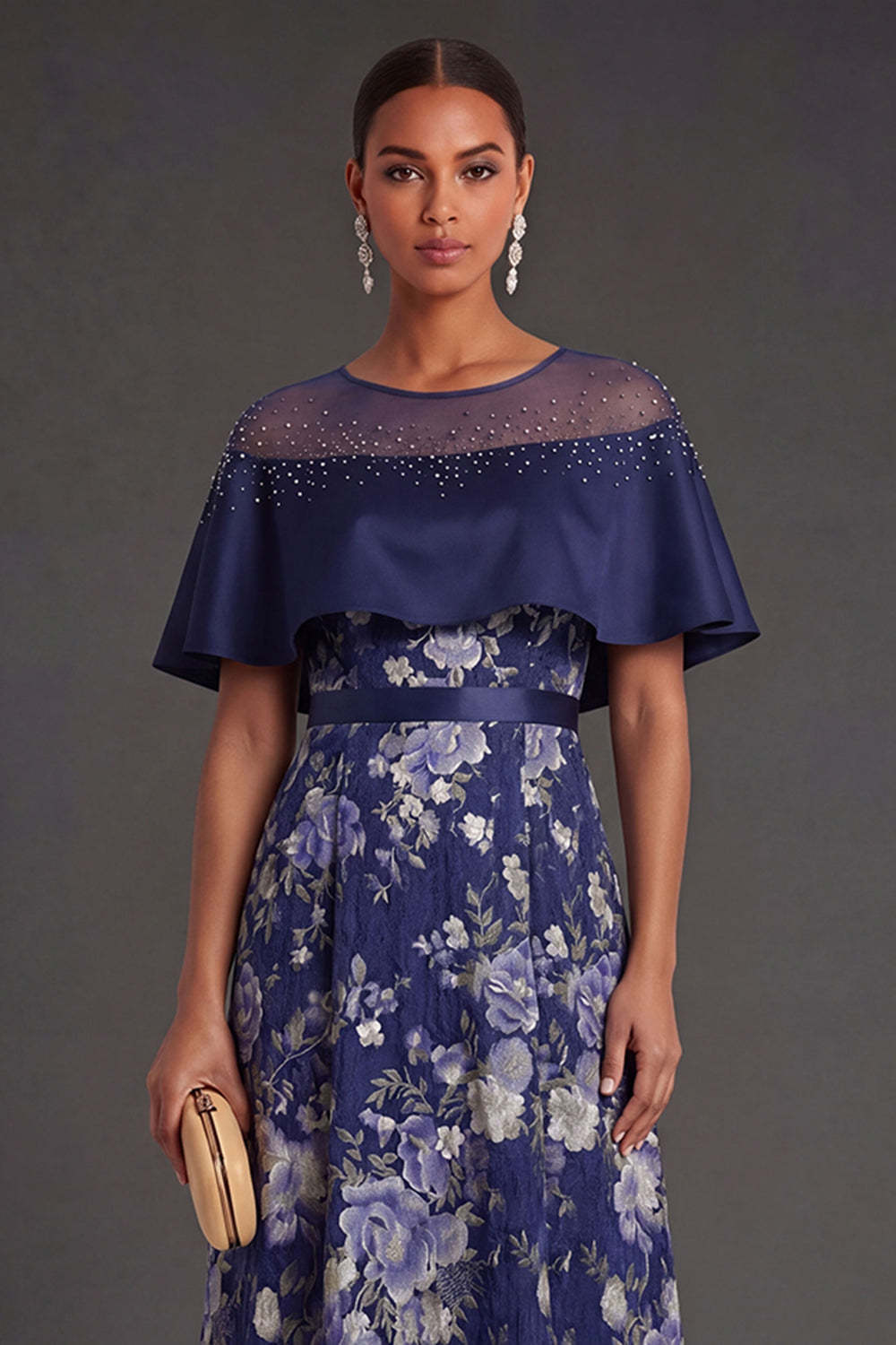 A Line Floral Navy Illusion Neck Long Formal Dress