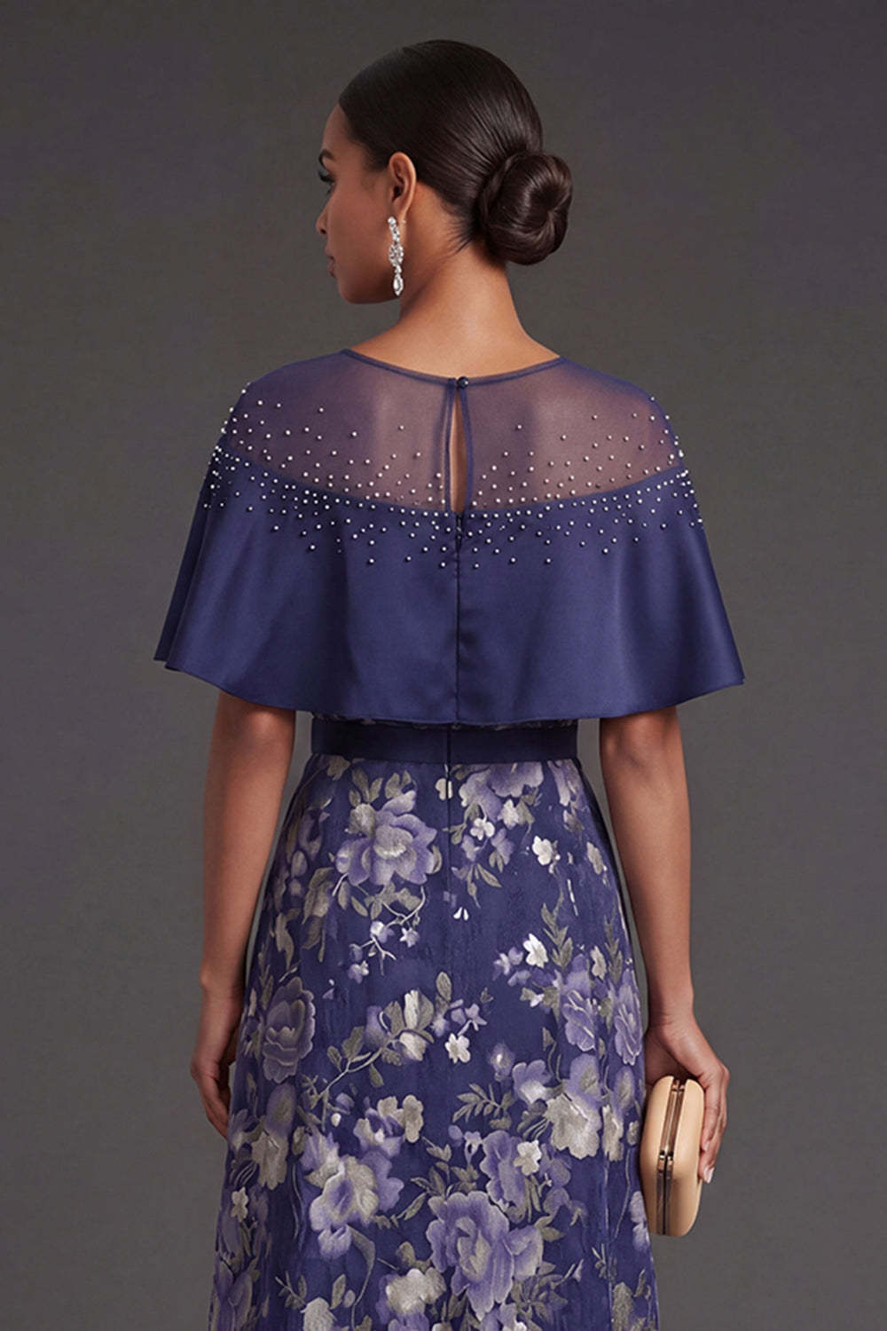 A Line Floral Navy Illusion Neck Long Formal Dress