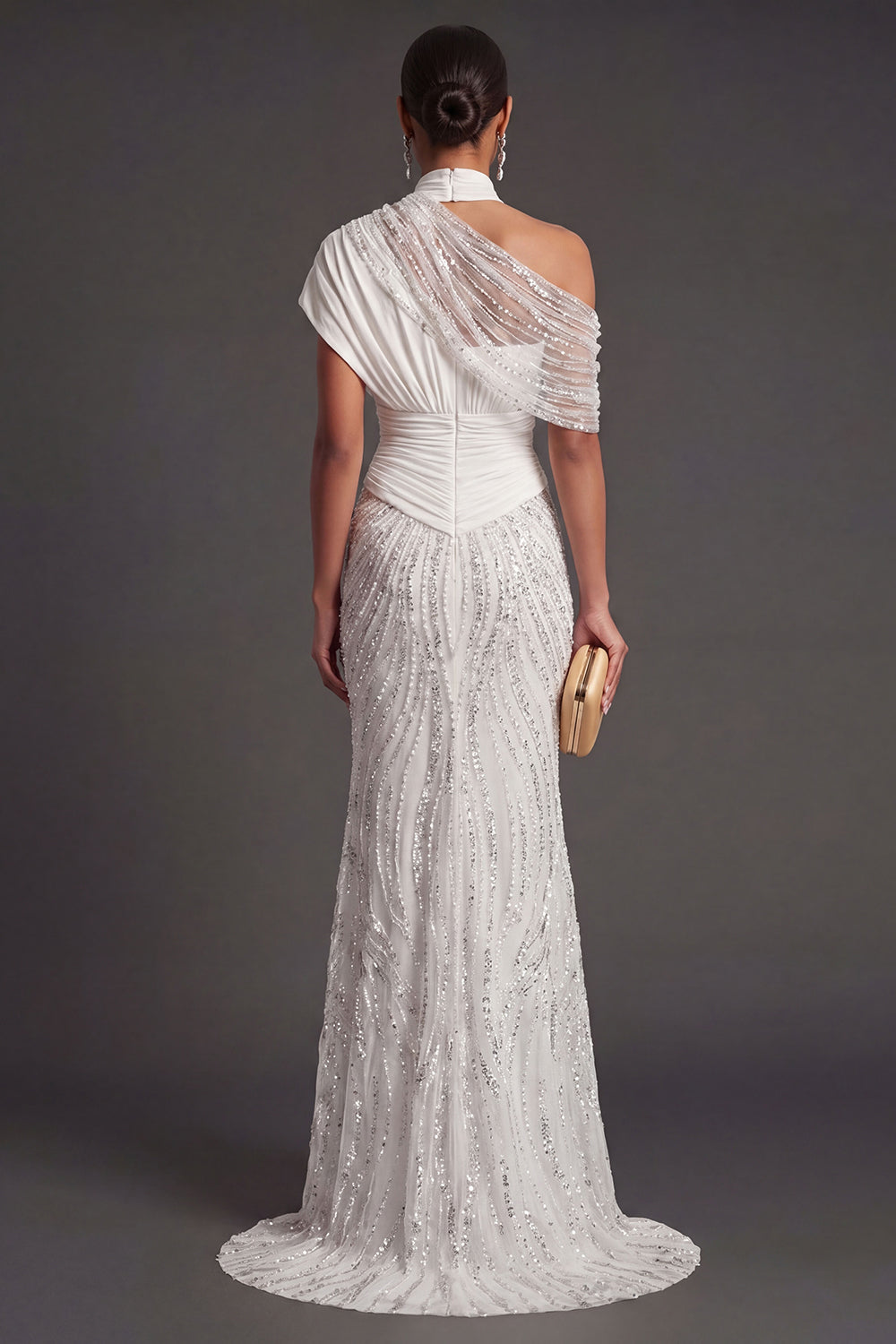 Sparkly Beaded White One Shoulder Long Formal Dress
