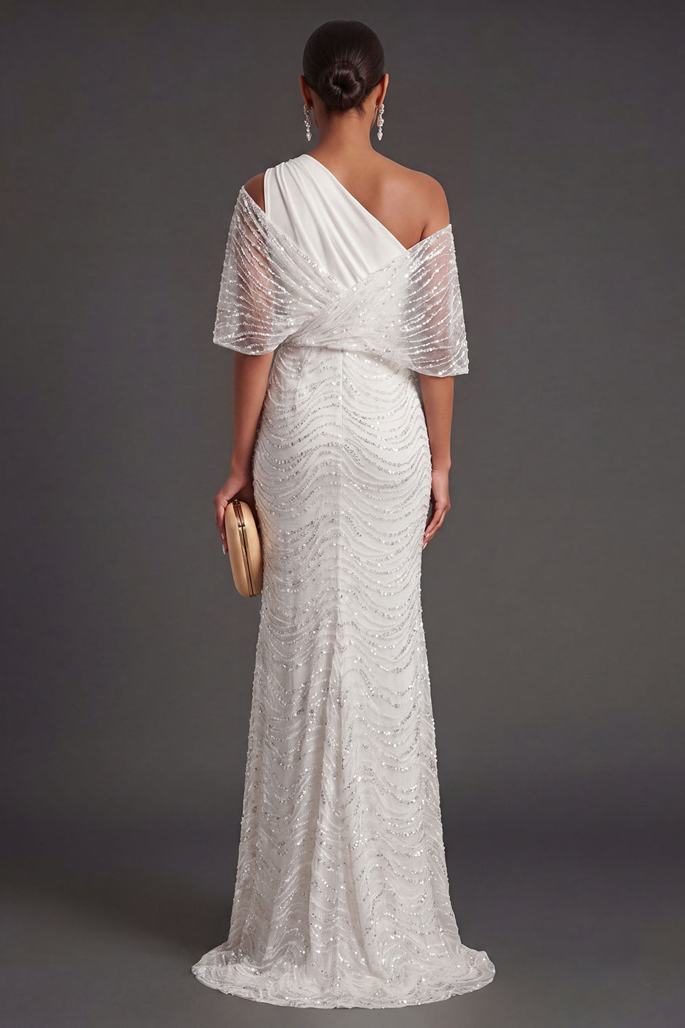 Beaded Sparkly White One Shoulder Long Formal Dress