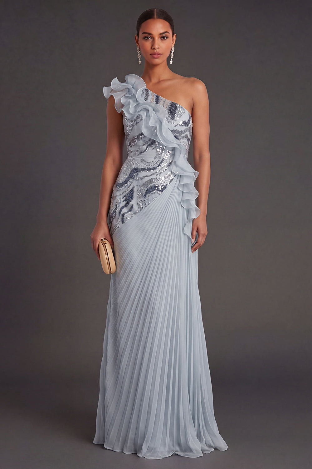 Leely Women Dusty Blue Ruffled Pleated A Line Long Formal Dress One Shoulder Backless Sleeveless Wedding Guest Dress