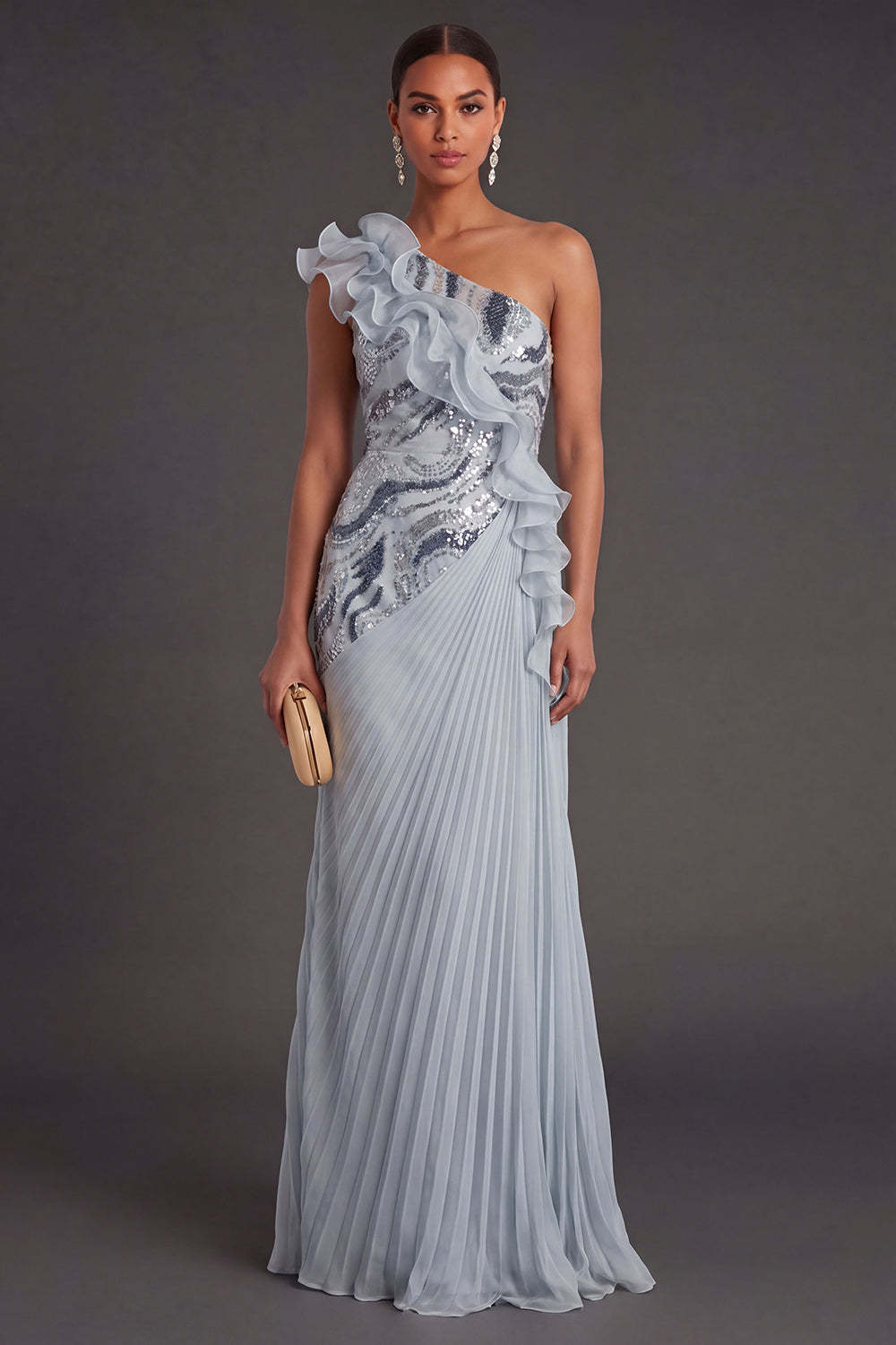 Leely Women Dusty Blue Ruffled Pleated A Line Long Formal Dress One Shoulder Backless Sleeveless Wedding Guest Dress