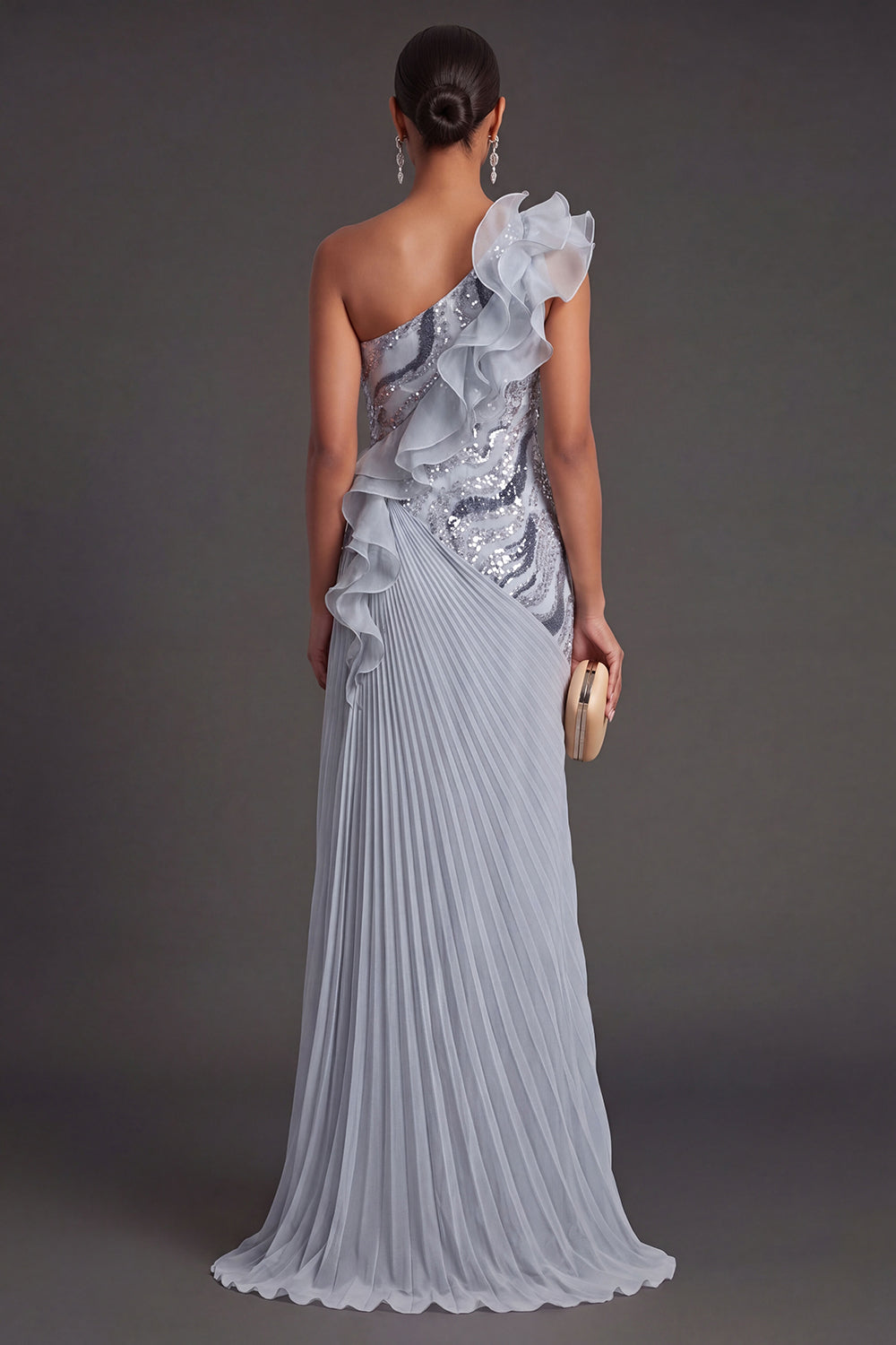 Dusty Blue Ruffled Pleated A Line Long Formal Dress