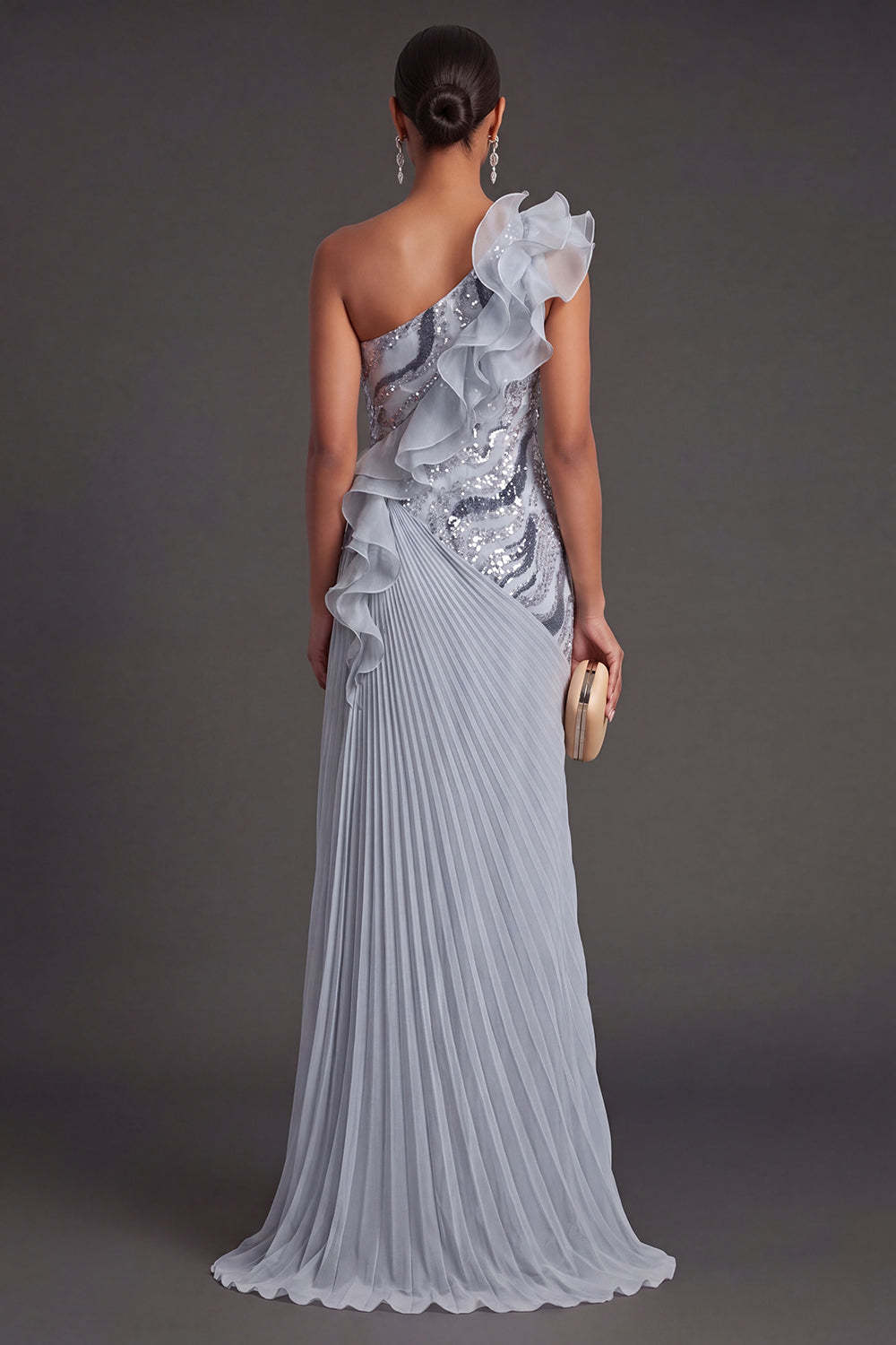 Dusty Blue Ruffled Pleated A Line Long Formal Dress