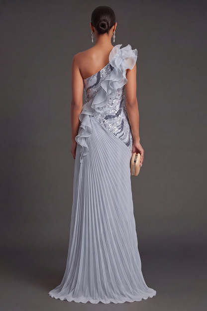 Dusty Blue Ruffled Pleated A Line Long Formal Dress