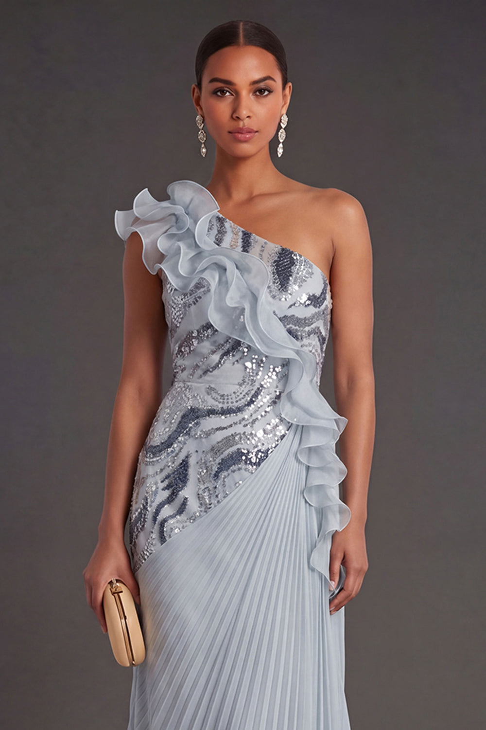 Dusty Blue Ruffled Pleated A Line Long Formal Dress