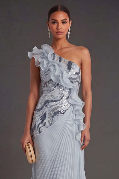 Dusty Blue Ruffled Pleated A Line Long Formal Dress