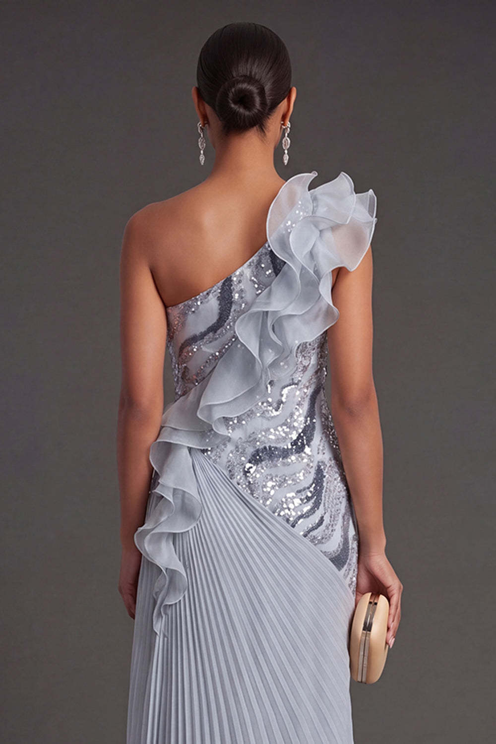 Dusty Blue Ruffled Pleated A Line Long Formal Dress