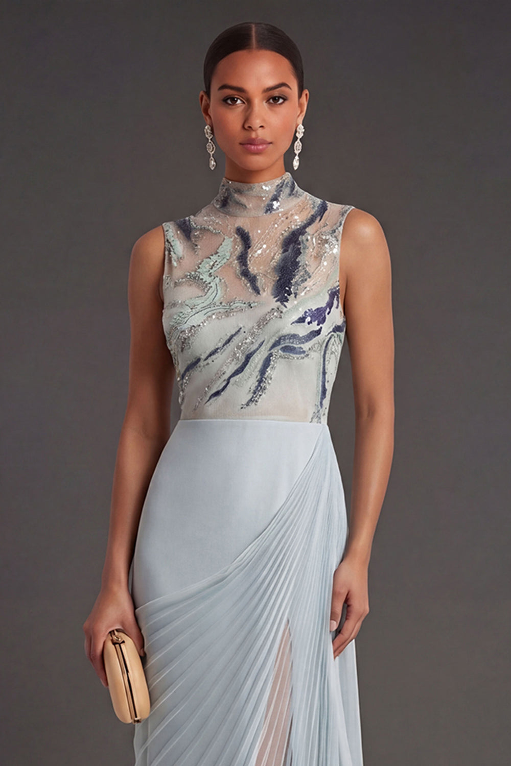 Ruched Dusty Blue Mermaid Long Formal Dress with Slit