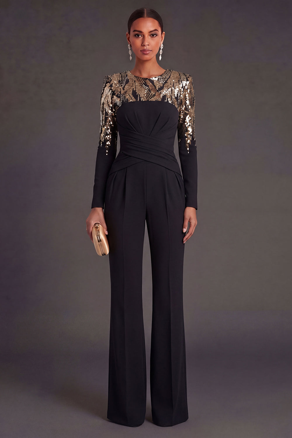 Black Floral Sparkly Sequined Long Formal Jumpsuit