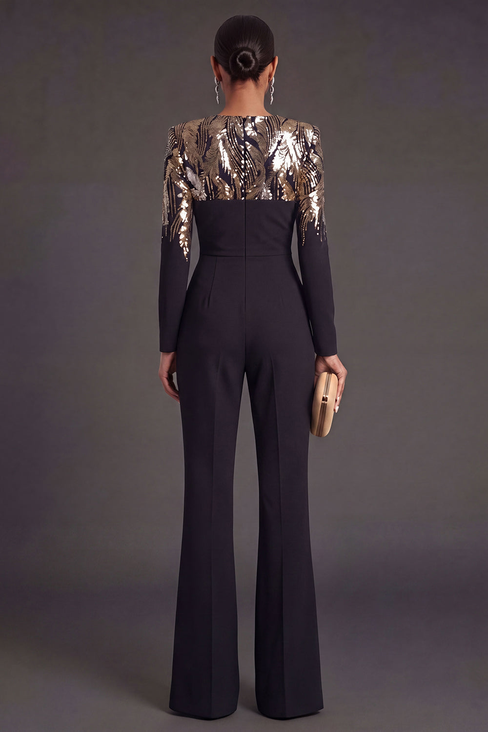 Black Floral Sparkly Sequined Long Formal Jumpsuit