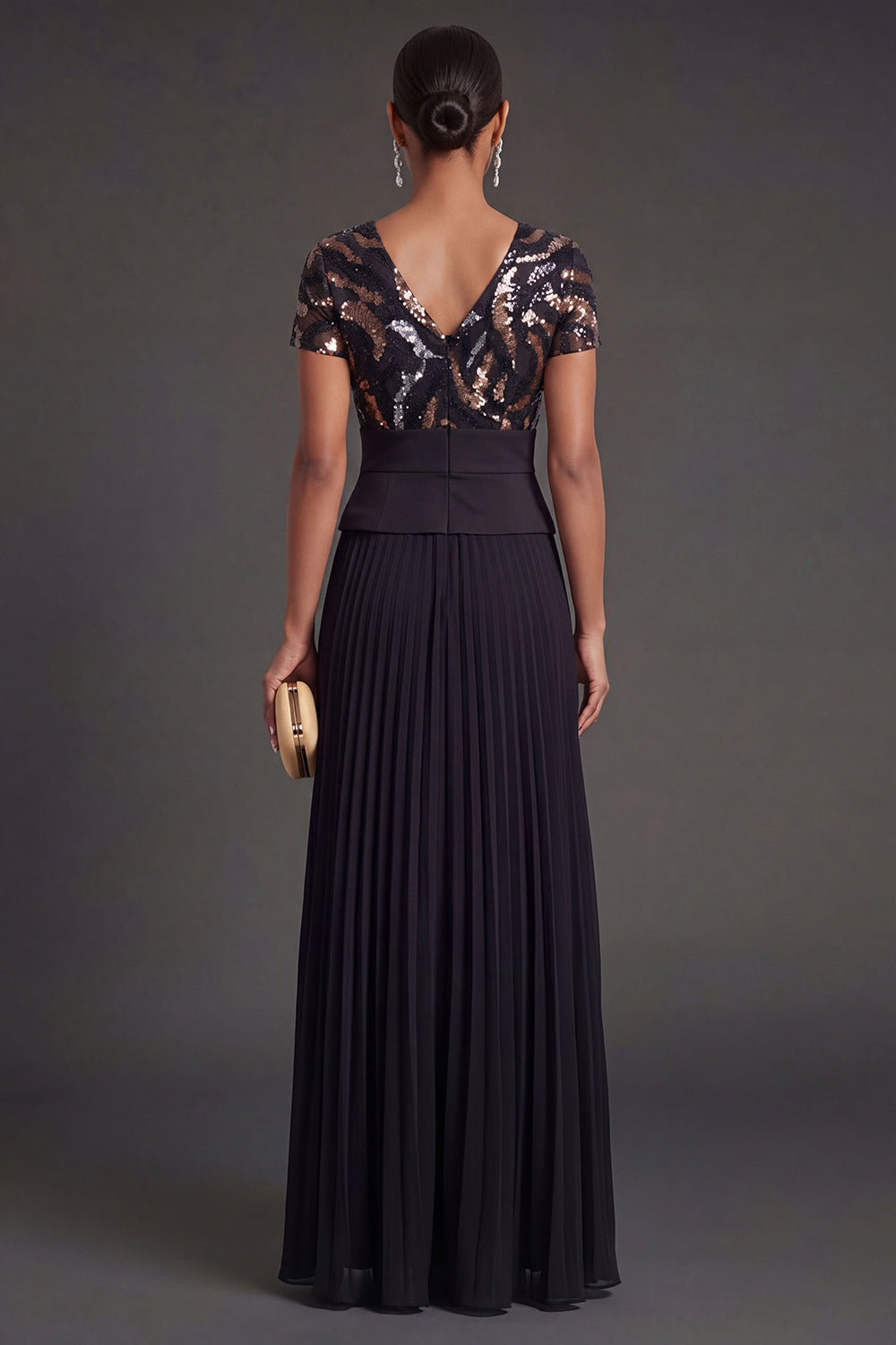 Pleated Black V Neck A Line Long Formal Dress