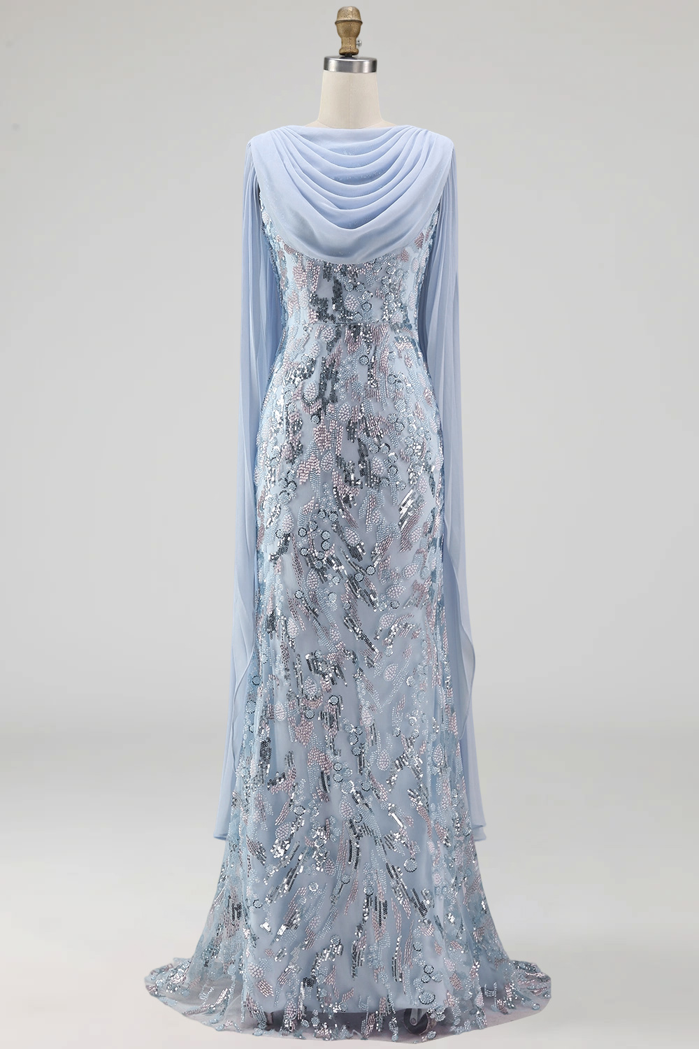 Sky Blue Mermaid Floral Sparkly Long Formal Dress with Cape