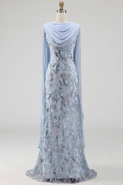 Sky Blue Mermaid Floral Sparkly Long Formal Dress with Cape