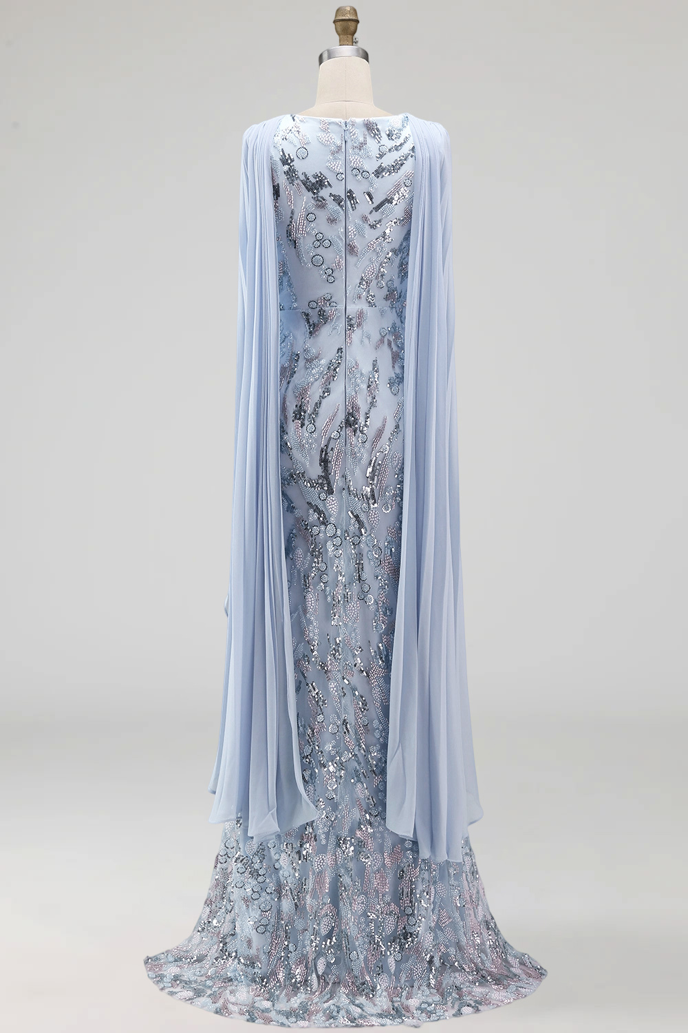 Sky Blue Mermaid Floral Sparkly Long Formal Dress with Cape