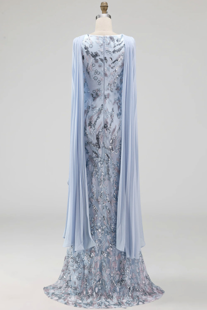 Sky Blue Mermaid Floral Sparkly Long Formal Dress with Cape
