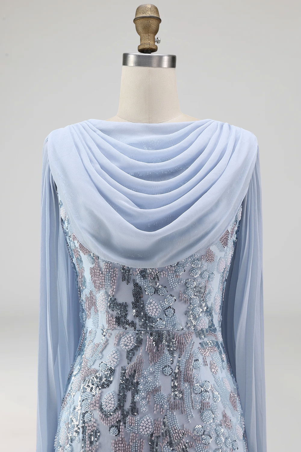 Sky Blue Mermaid Floral Sparkly Long Formal Dress with Cape