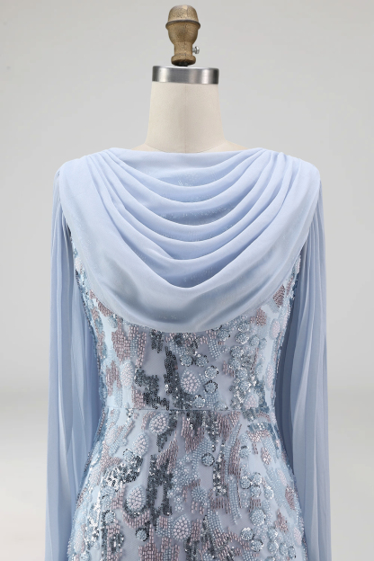 Sky Blue Mermaid Floral Sparkly Long Formal Dress with Cape