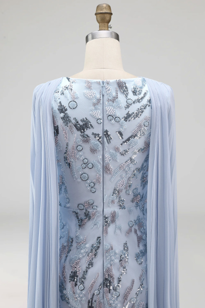Sky Blue Mermaid Floral Sparkly Long Formal Dress with Cape