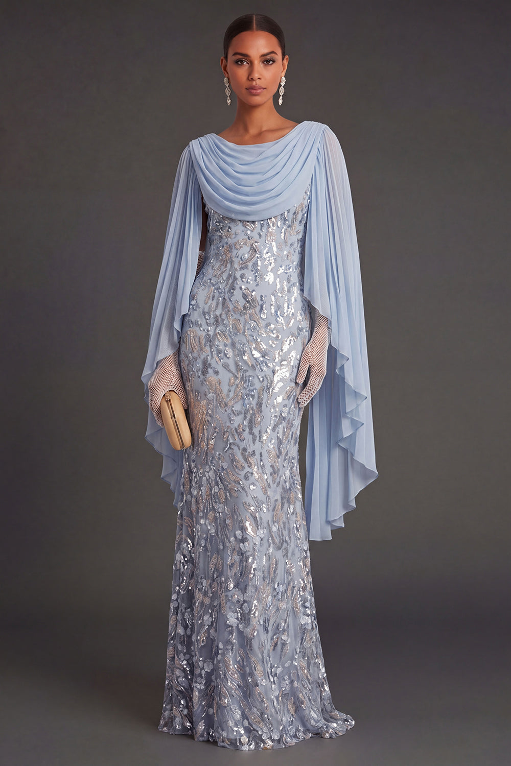 Leely Women Sky Blue Mermaid Floral Sparkly Long Formal Dress with Cape Sleeveless Draped Wedding Guest Dress