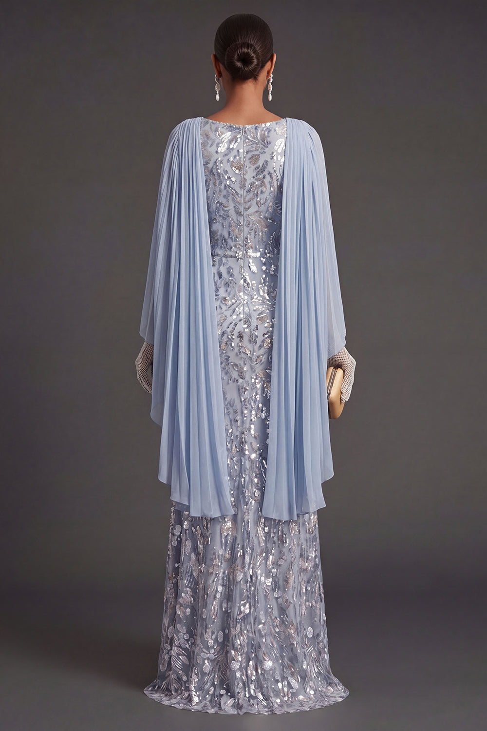 Sky Blue Mermaid Floral Sparkly Long Formal Dress with Cape