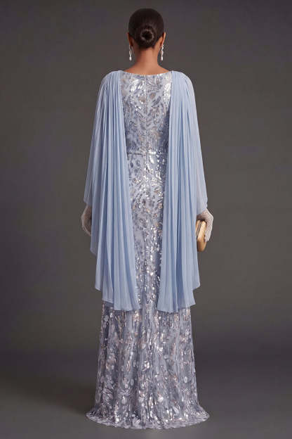 Sky Blue Mermaid Floral Sparkly Long Formal Dress with Cape