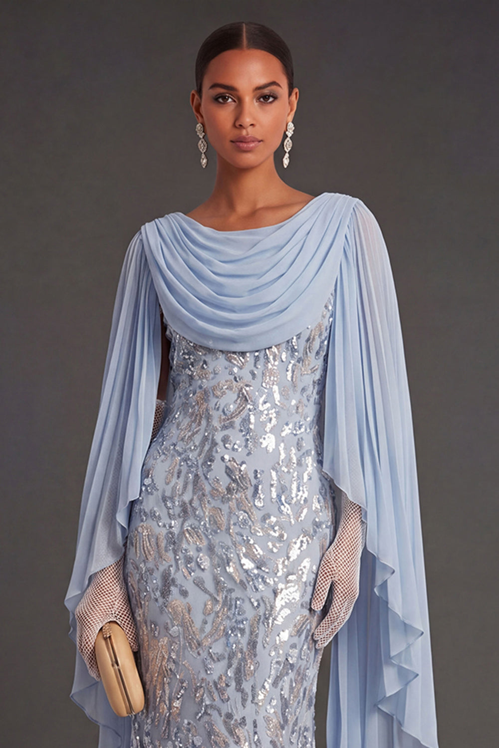 Sky Blue Mermaid Floral Sparkly Long Formal Dress with Cape