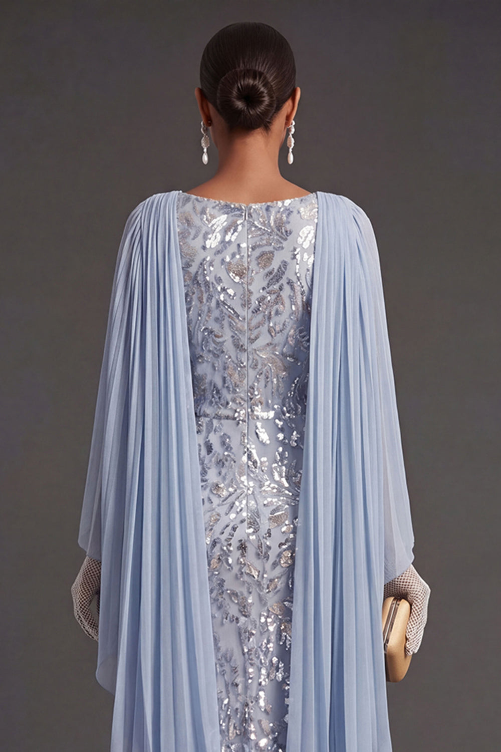 Sky Blue Mermaid Floral Sparkly Long Formal Dress with Cape