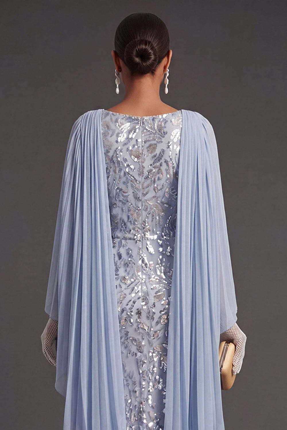 Sky Blue Mermaid Floral Sparkly Long Formal Dress with Cape