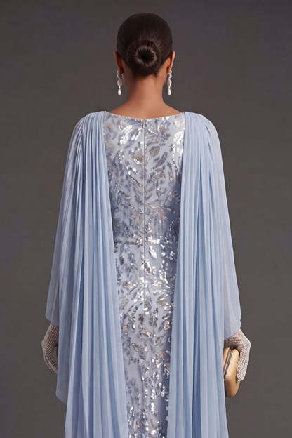 Sky Blue Mermaid Floral Sparkly Long Formal Dress with Cape