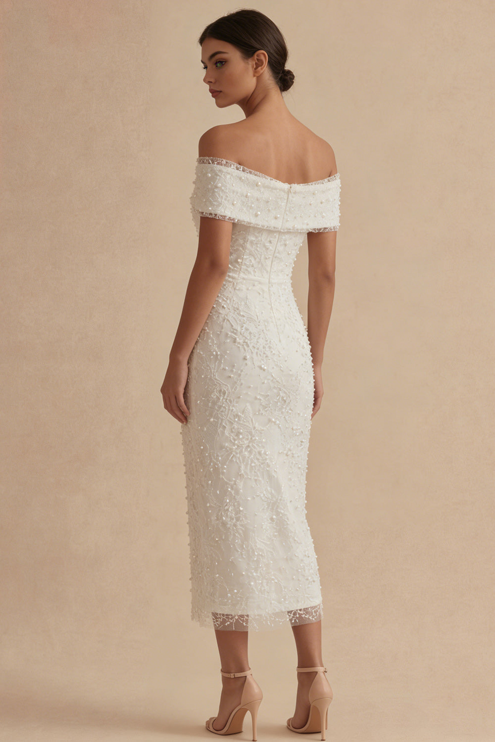 White Sheath Off the Shoulder Midi Engagement Dress with Pearls