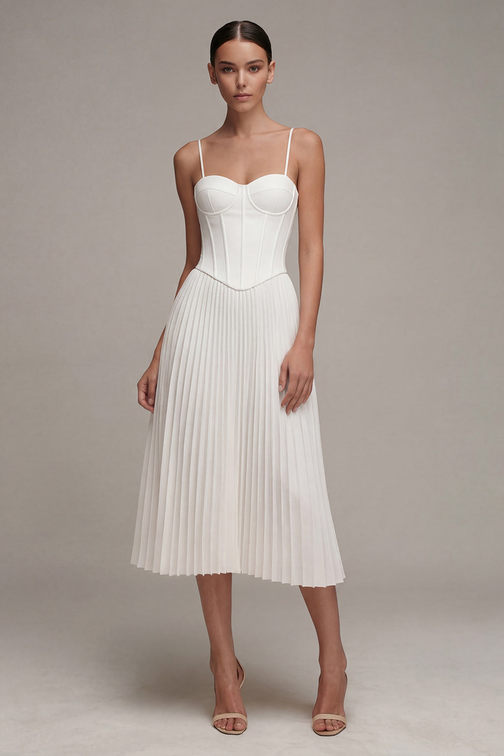 Leely Women White Basque Waist Corset Midi Engagement Dress A Line Spaghetti Straps Pleated Bridal Shower Dress