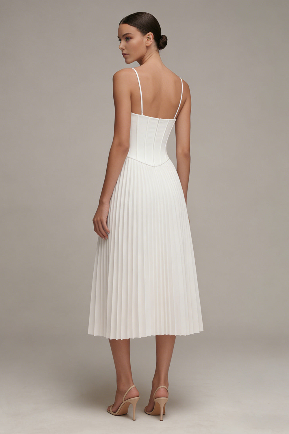 White Corset Basque Waist Pleated Midi Engagement Dress