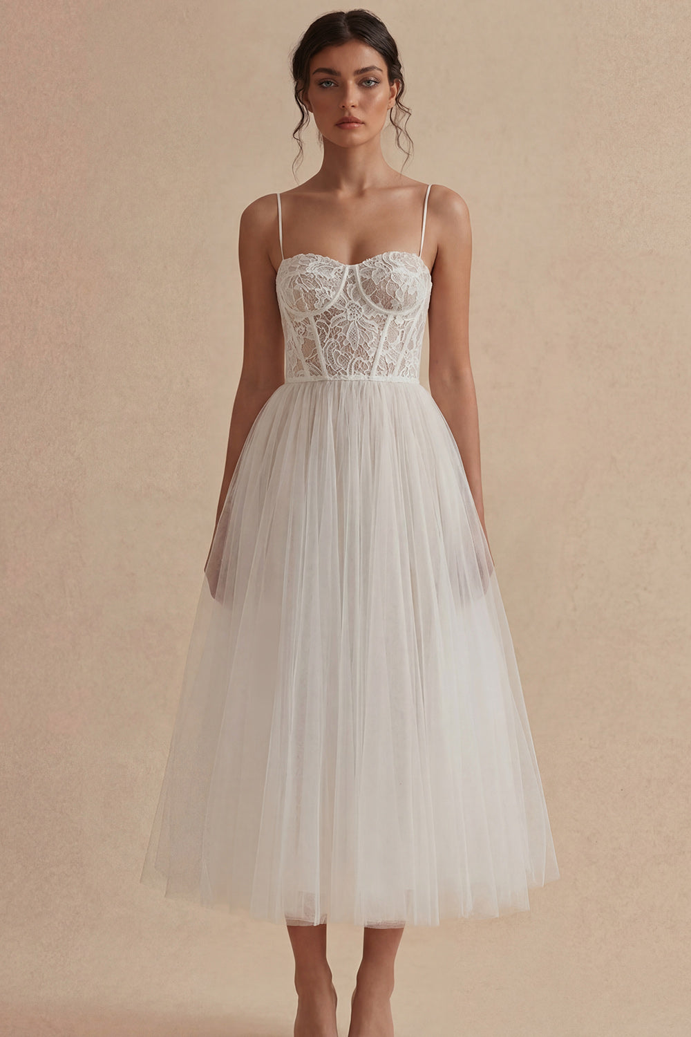 Elegant White Corset Tulle A Line Long Engagement Dress with Lace