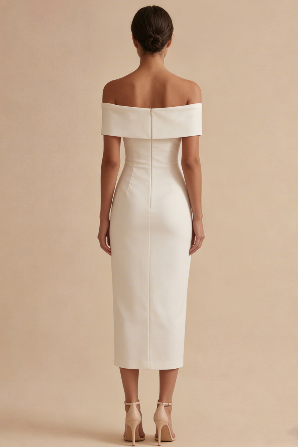 Simple White Off the Shoulder Sheath Midi Engagement Dress