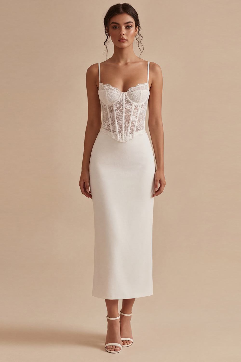 White Corset Sheath Midi Engagement Dress with Lace