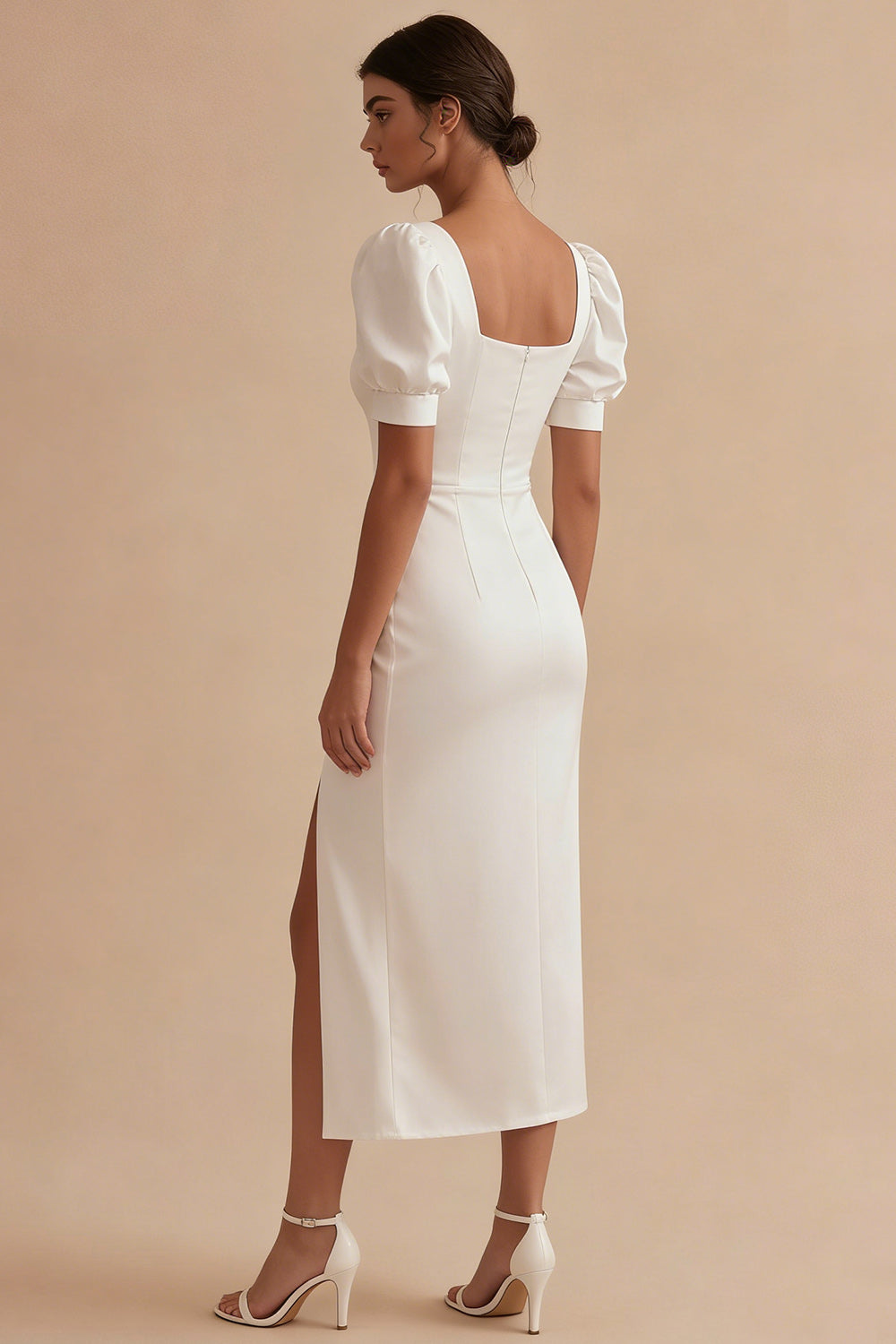 White Sheath Short Sleeves Midi Engagement Dress with Slit