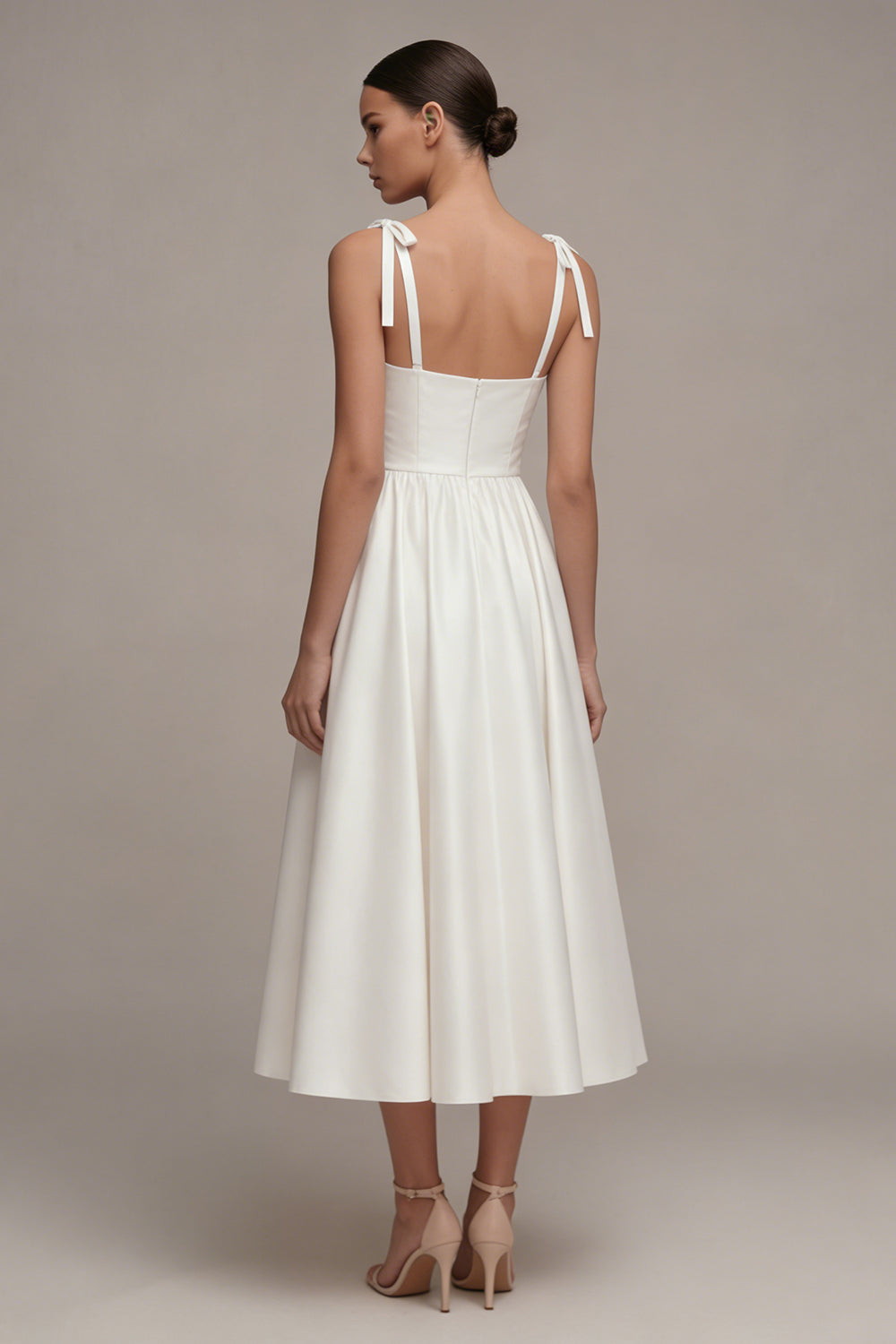 Satin White A Line Ruched Thick Straps Midi Engagement Dress