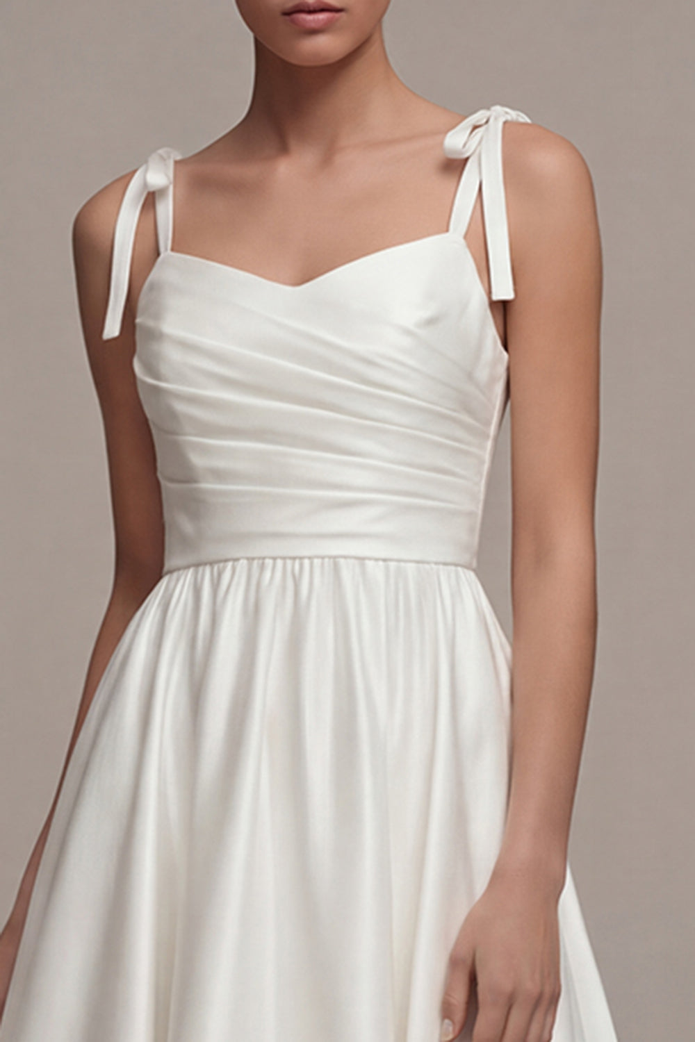 Satin White A Line Ruched Thick Straps Midi Engagement Dress