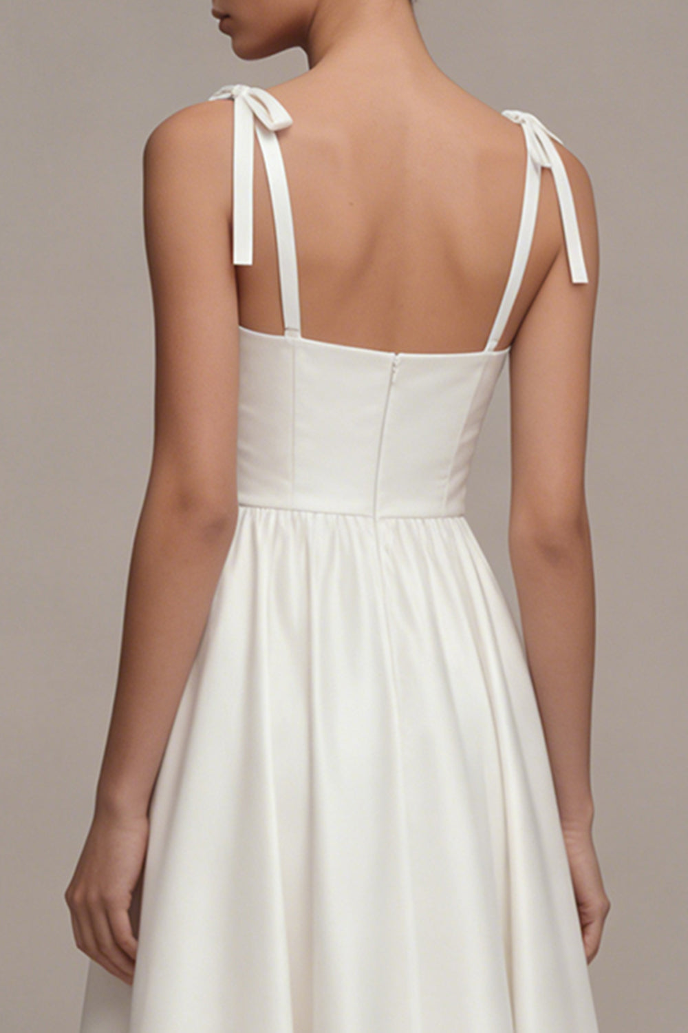 Satin White A Line Ruched Thick Straps Midi Engagement Dress
