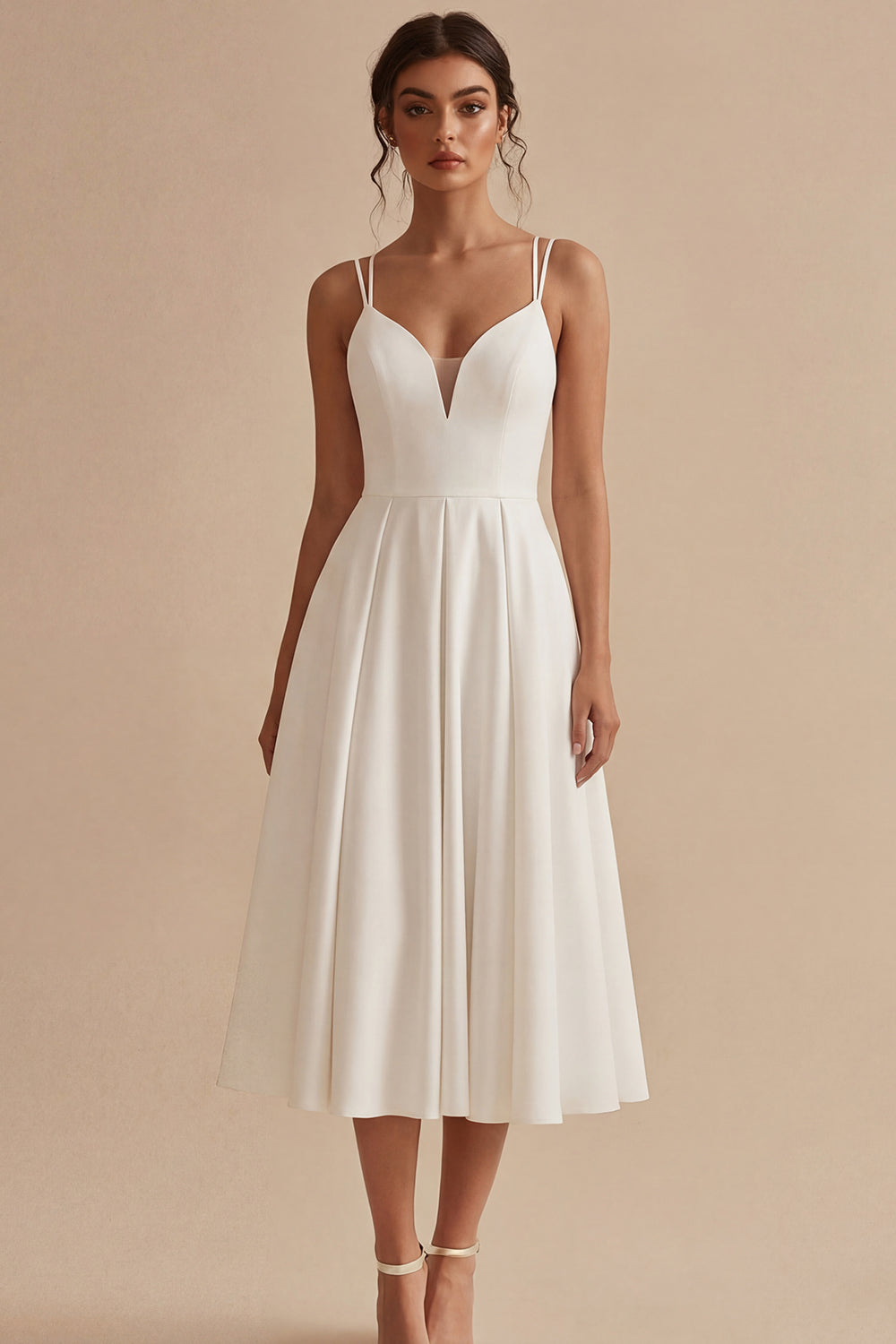 Spaghetti Straps White A Line Backless Sleeveless Midi Engagement Dress