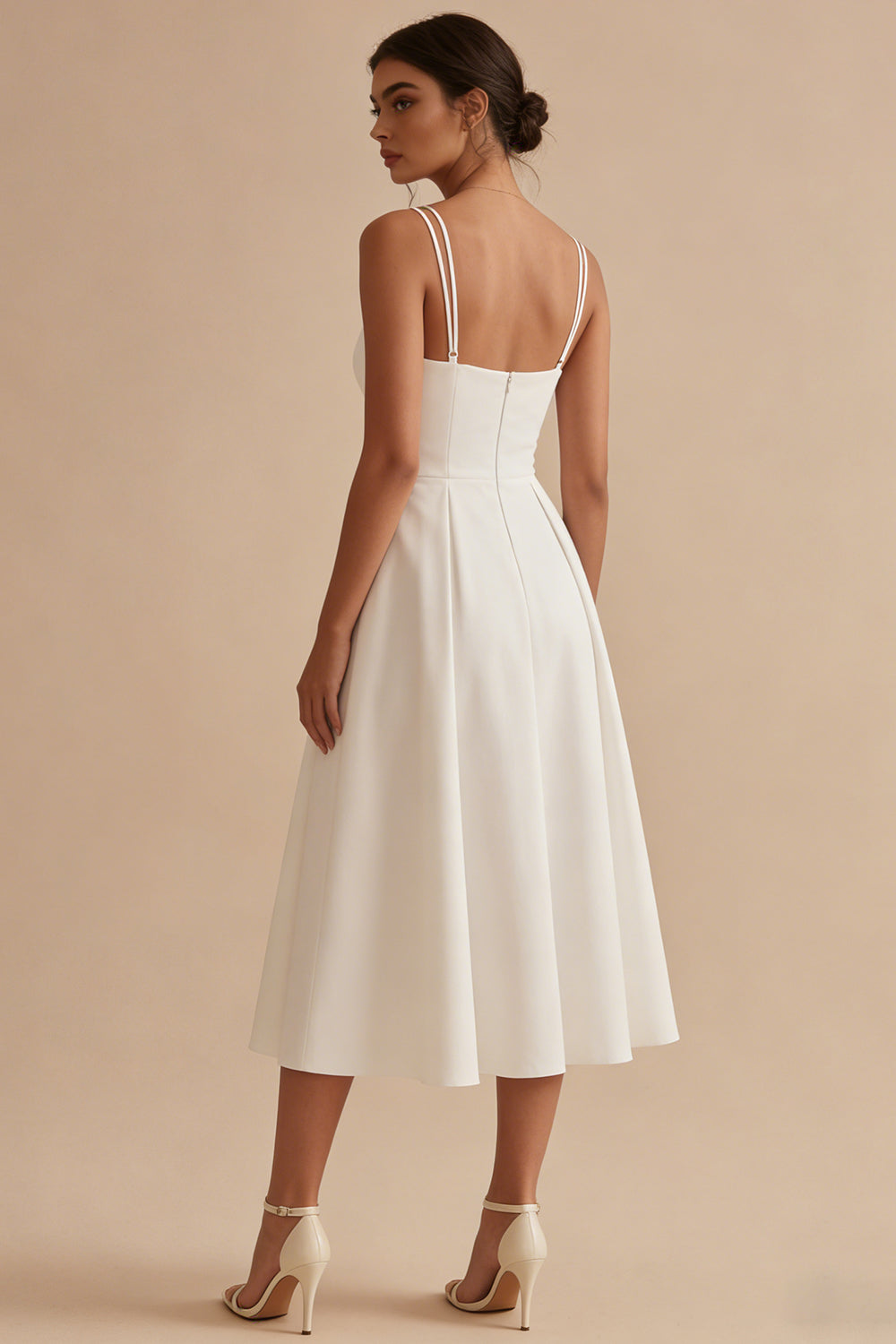 Spaghetti Straps White A Line Backless Sleeveless Midi Engagement Dress
