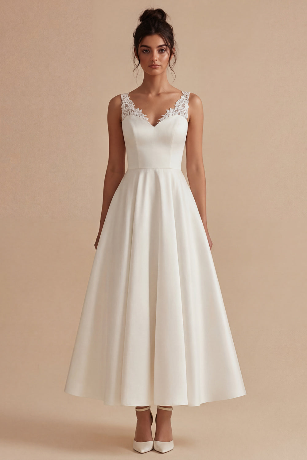 Satin A Line White Thick Straps Midi Engagement Dress