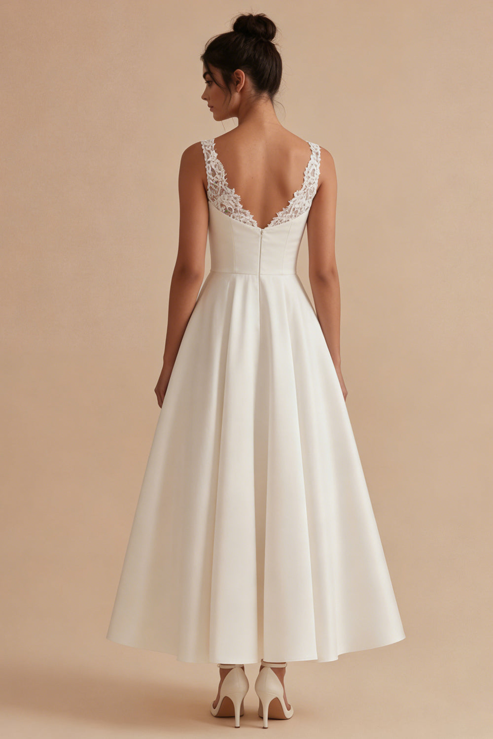 Satin A Line White Thick Straps Midi Engagement Dress