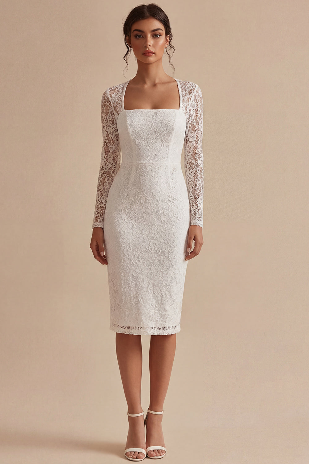 White Lace Sheath Floral Midi Engagement Dress