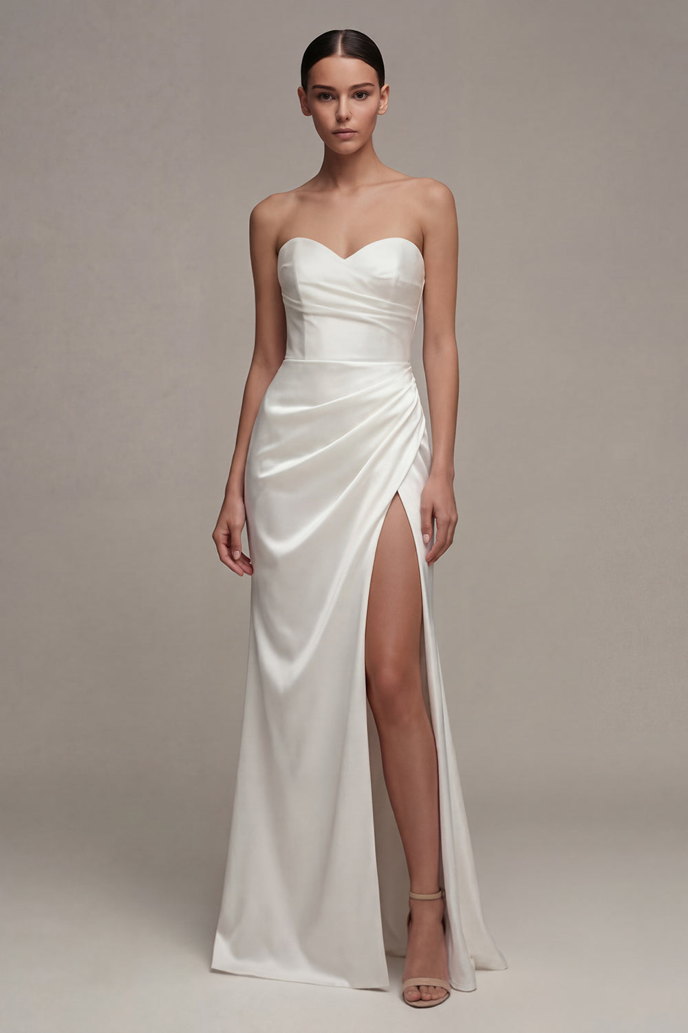 Satin Sweetheart Ruched Sheath Long Engagement Dress with Slit